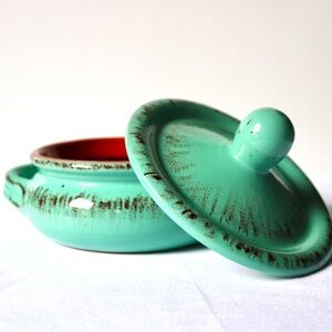 De Silva Covered Terracotta Glazed Small Ceramic Casserole Baking Dish Turquoise